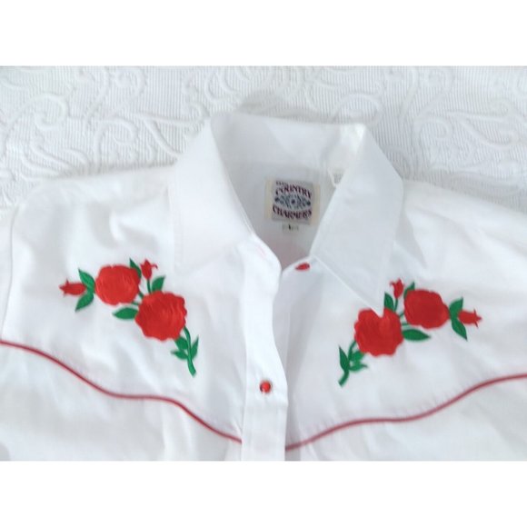 Country Charmers Ely western white embroidered red roses Snap Shirt women’s LRG - Picture 11 of 16